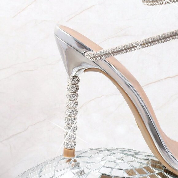 Silver Glamorous Women's Slinky Wrap Around Rhinestoned High Heel Sandals - Picture 5 of 5